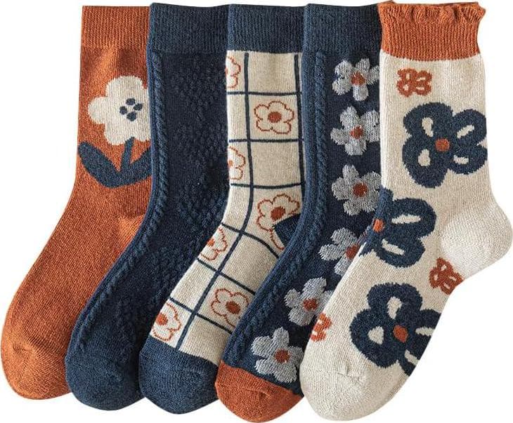 5/10 Pairs Wool Socks for Women Thick Knit Vintage Cute Floral Crew Socks