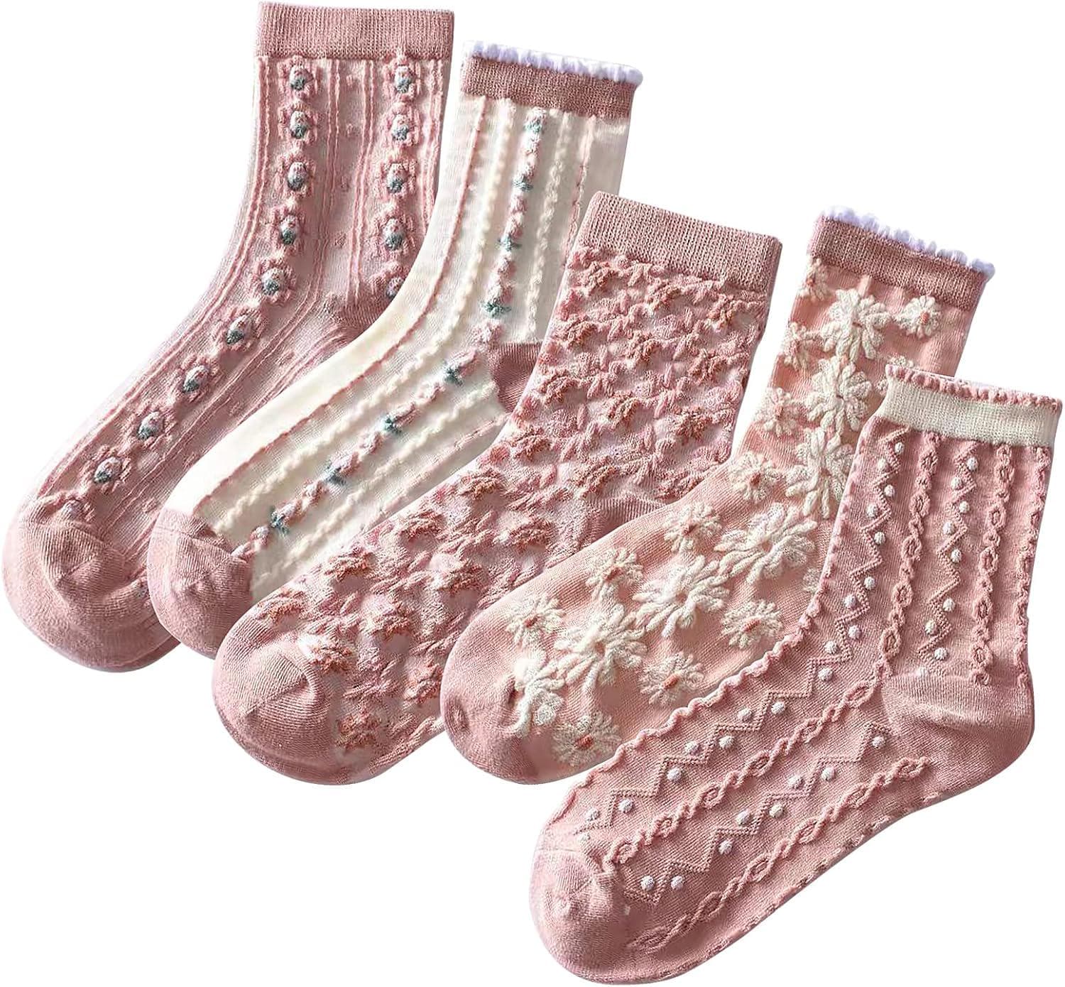 5 Pack Cute Womens Floral Socks, Vintage Embroidered Frilly Floral Socks, Kawaii Girly Ankle Cotton Cottagecore Socks