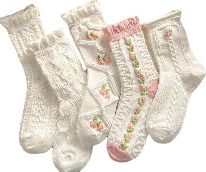 5 Pairs White Cute Socks, Women’s Lace Ruffles Ankle Casual Sock, Cottagecore Breathable Mid Tube Socks, Floral Crew Socks