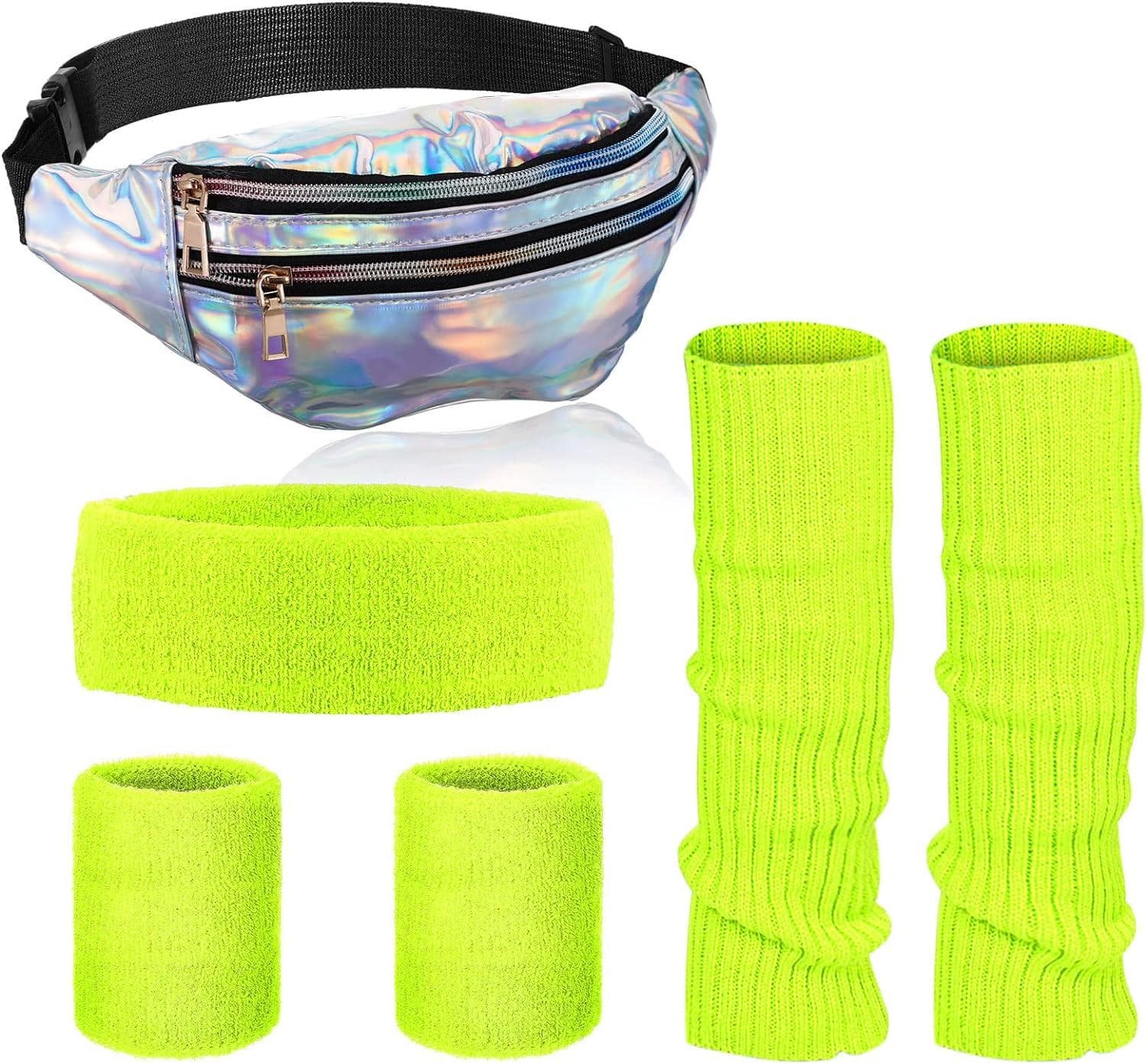 80s Women Neon Leg Warmers Set Holographic Fanny Pack Knit Leg Warmers Headband Wristbands for Yoga Running Hiking