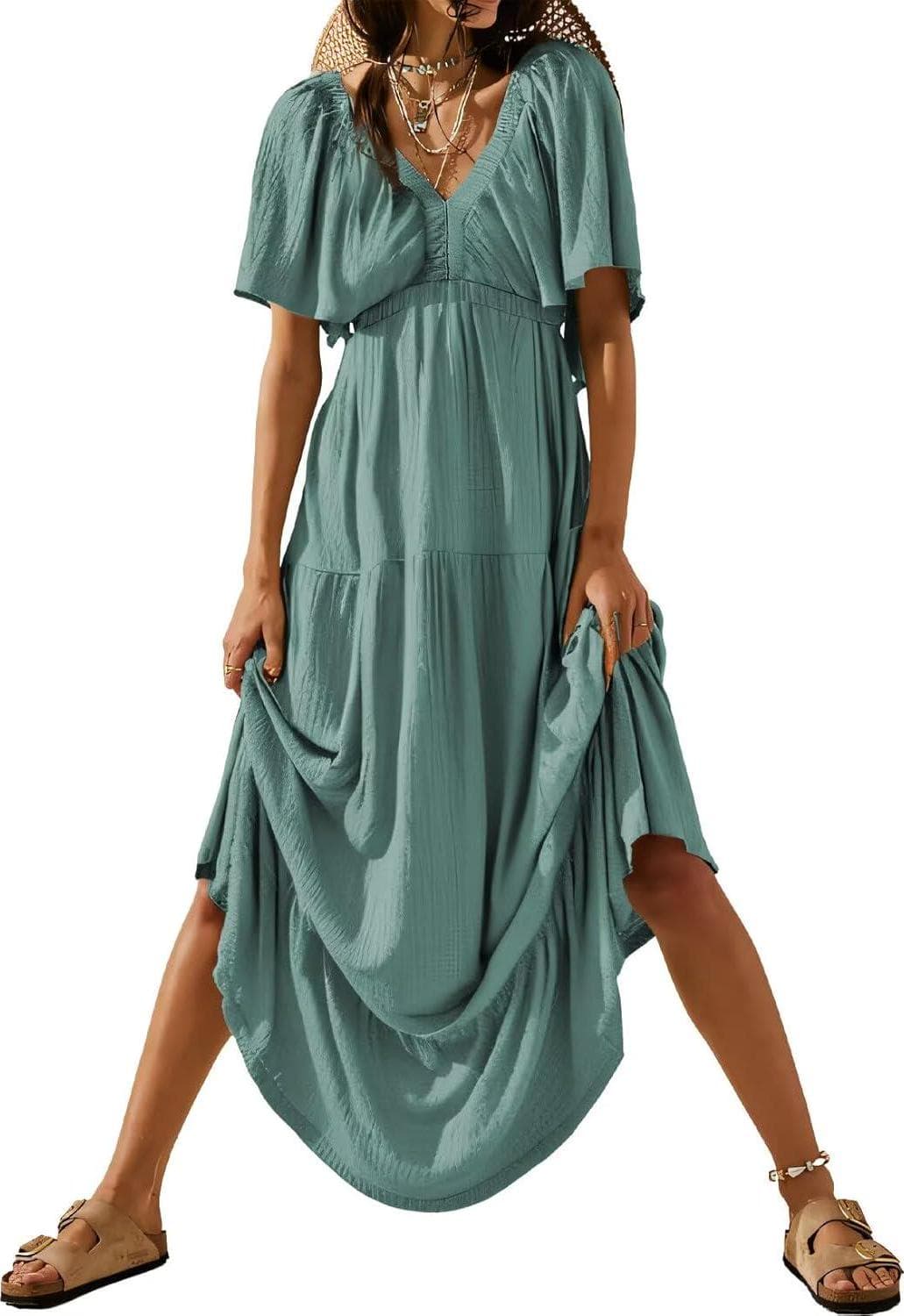 Acelitt Women Casual V Neck Short Sleeve Tiered Long Maxi Dress,S-XXL