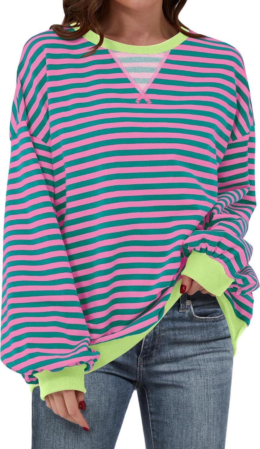 ANRABESS Women Striped Oversized Sweatshirt Long Sleeve Crewneck Hoodies Shirts 2024 Fall Pullover Top Trendy Preppy Clothes