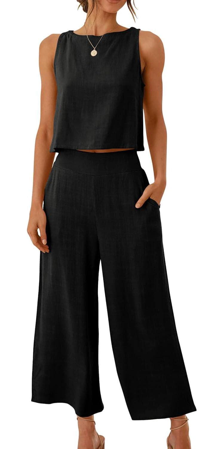 ANRABESS Women’s Summer 2 Piece Outfits Sleeveless Crop Top Capri Wide Leg Pants Jumpsuit Linen Lounge Beach Travel Sets