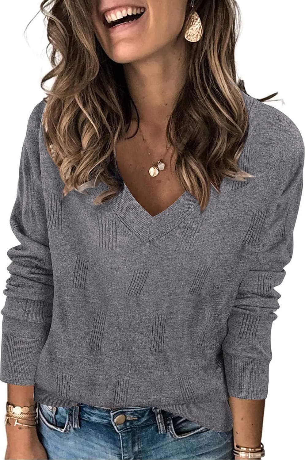 Arach&Cloz Women’s Spring Tops 2024 Fashion V Neck Long Sleeve Shirts Blouse Knitted Casual Pullover Sweater Cozy Clouds