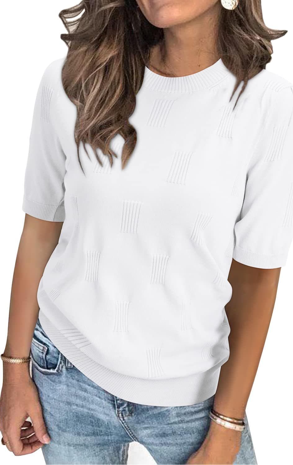 Arach&Cloz Womens Summer Tops 2024 Lightweight Short Sleeve Dressy Blouse Shirts Crew Neck Knit Fashion Sweaters