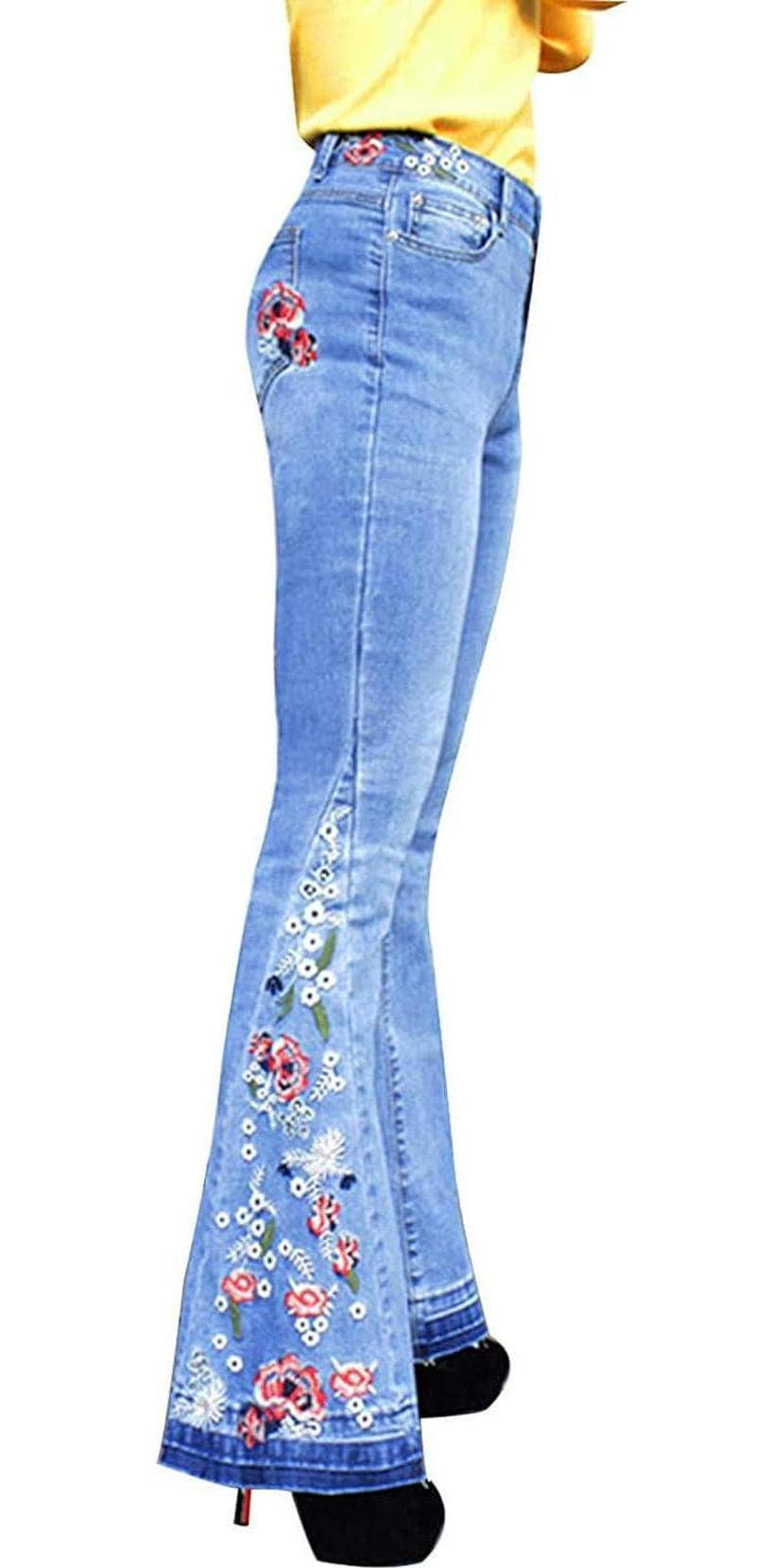 Bell Bottom Jeans for Women Flared Floral Embroidered Jean Wide Leg Denim Pants