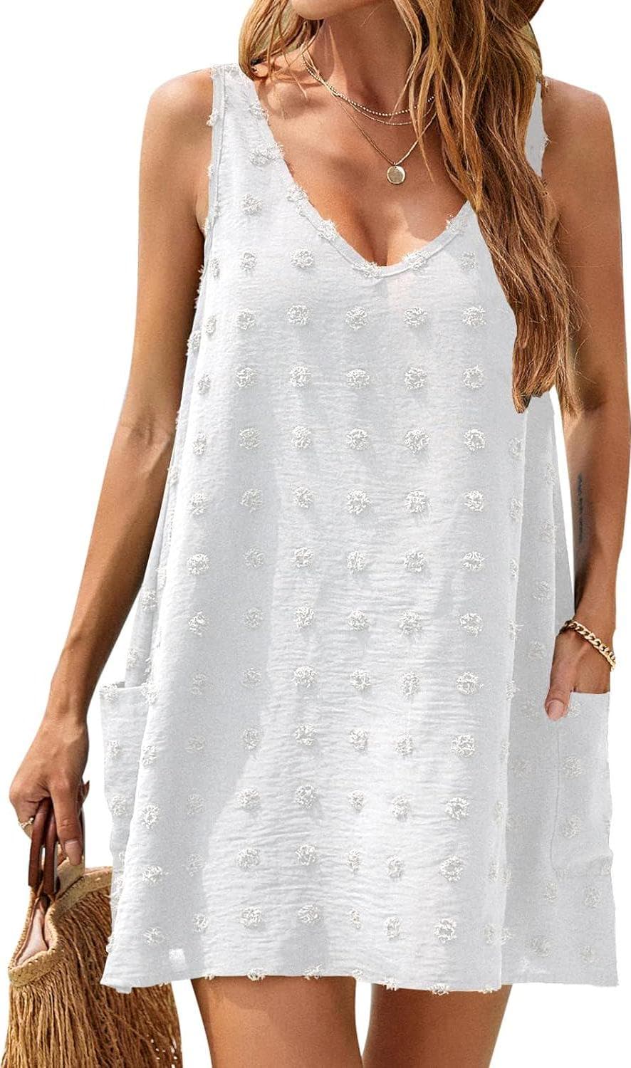 Blooming Jelly Womens Casual Sun Summer Dresses Swiss Polka Dot Beach Cover Up V Neck Tank Dress with Pockets