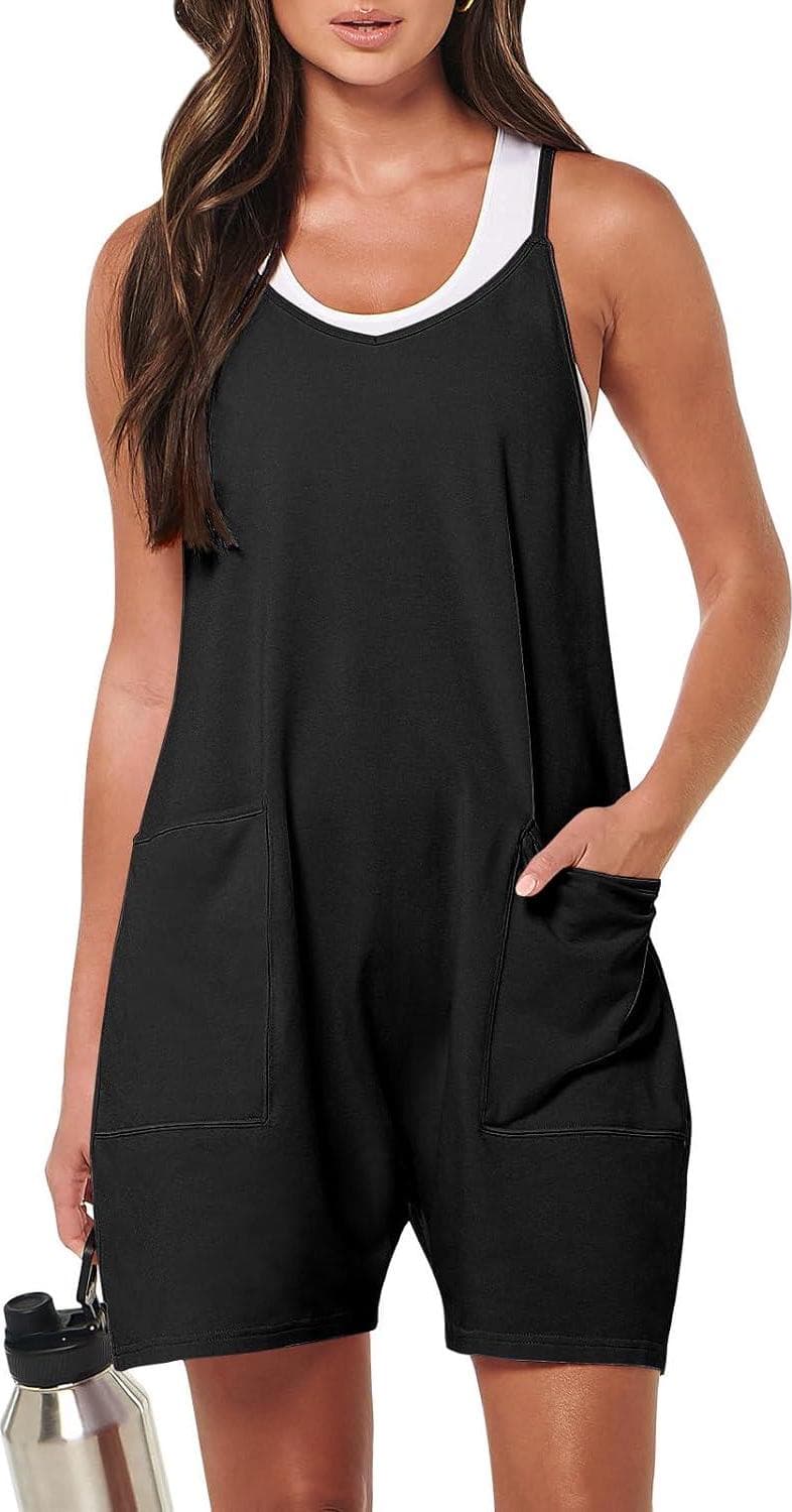 Caracilia Women’s Summer Casual Rompers Sleeveless Loose Spaghetti Strap Short Jumpsuits Overalls Trendy Outfits With Pockets