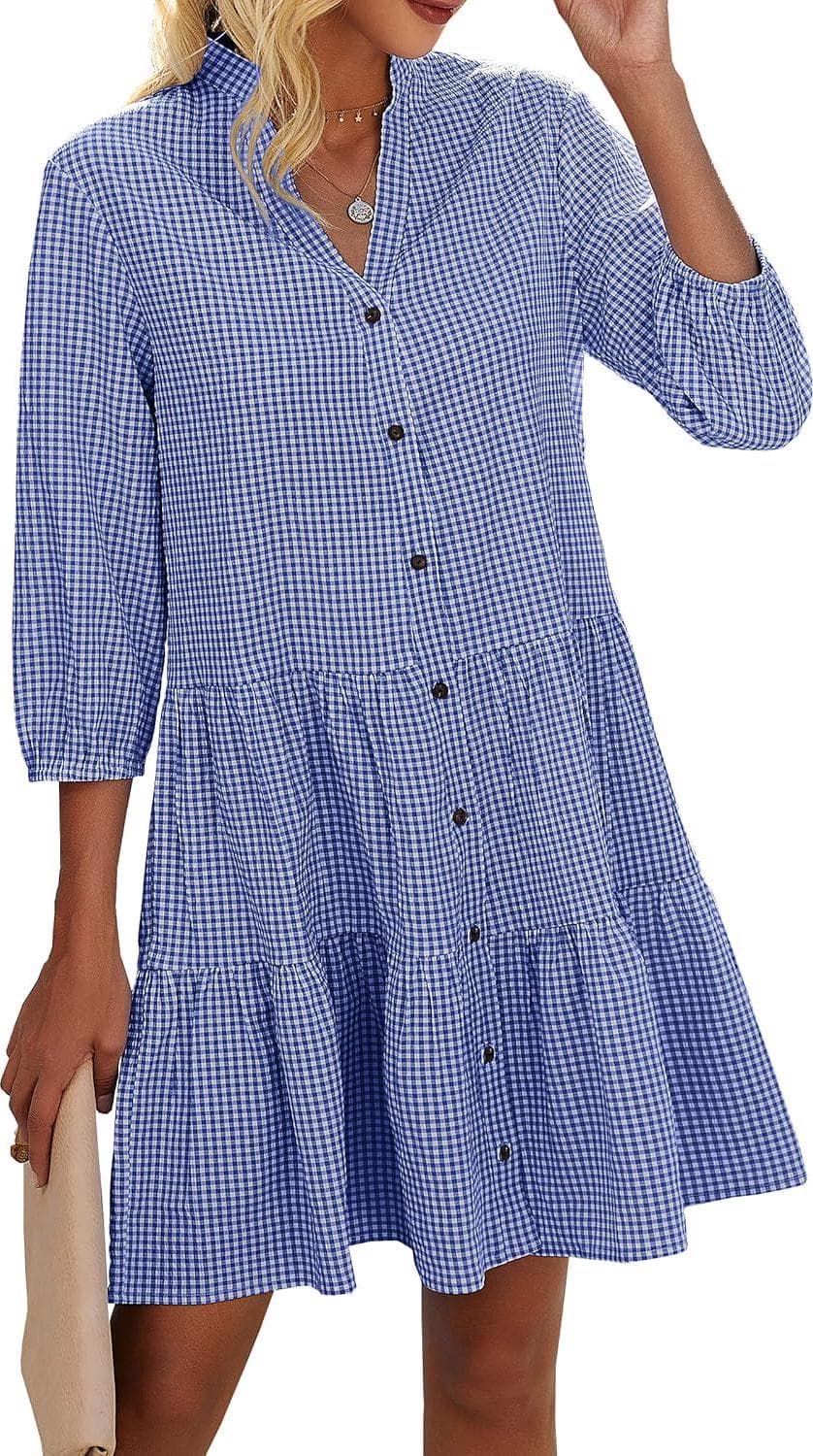 CCTOO Women’s Summer Dresses Casual V Neck Button Down 3/4 Sleeve Floral Print Loose Flowy Shirt Dress