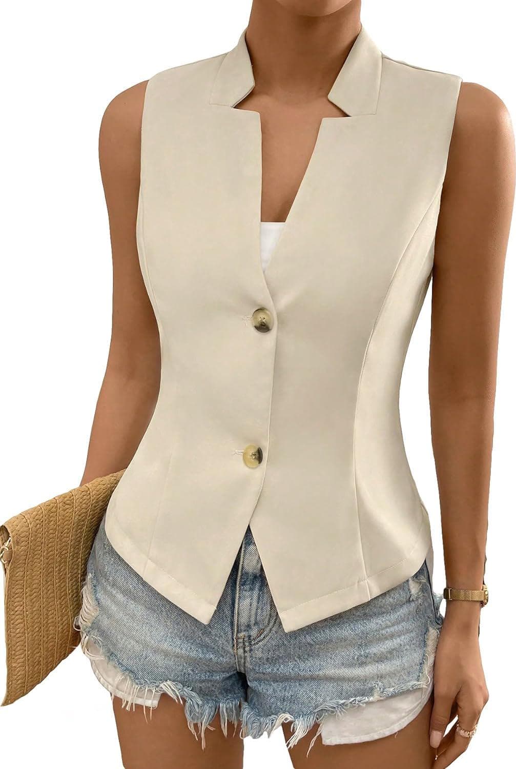 COZYEASE Women’s Button Front Sleeveless Tank Top Solid Elegant Summer Blazer Outerwear
