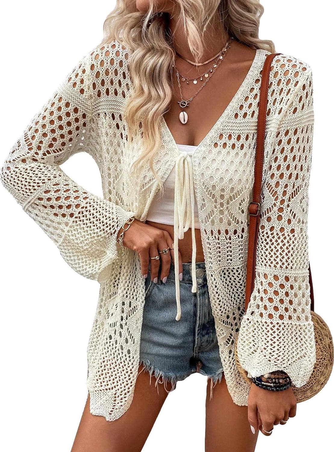COZYEASE Women’s Hollow Out Tie Front Bikini Cover Up Top Plain Long Sleeve Kimono