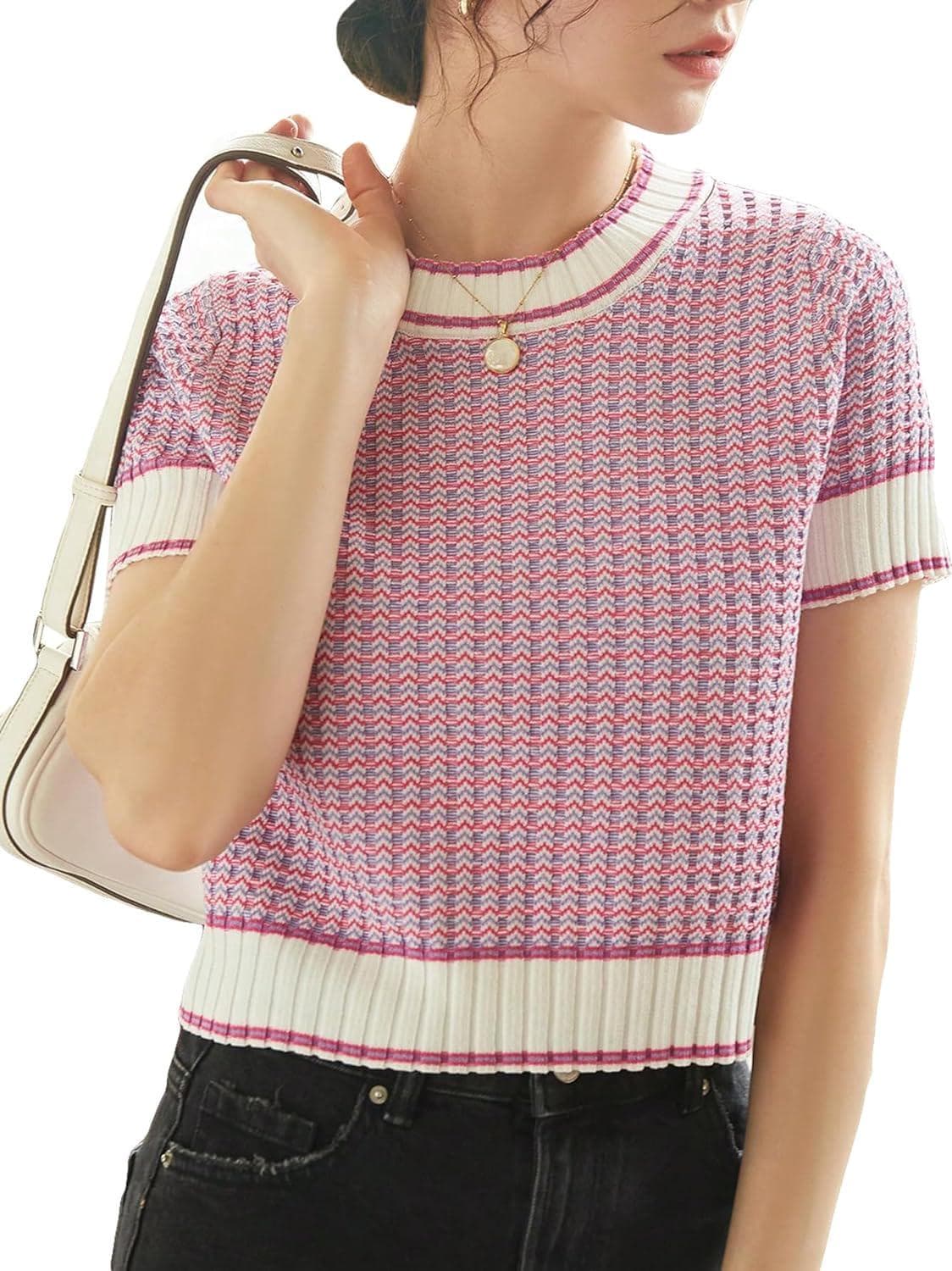 COZYEASE Women’s Striped Print Rib Knit Short Sleeve Crop Sweaters Round Neck Binding Pullover Sweaters