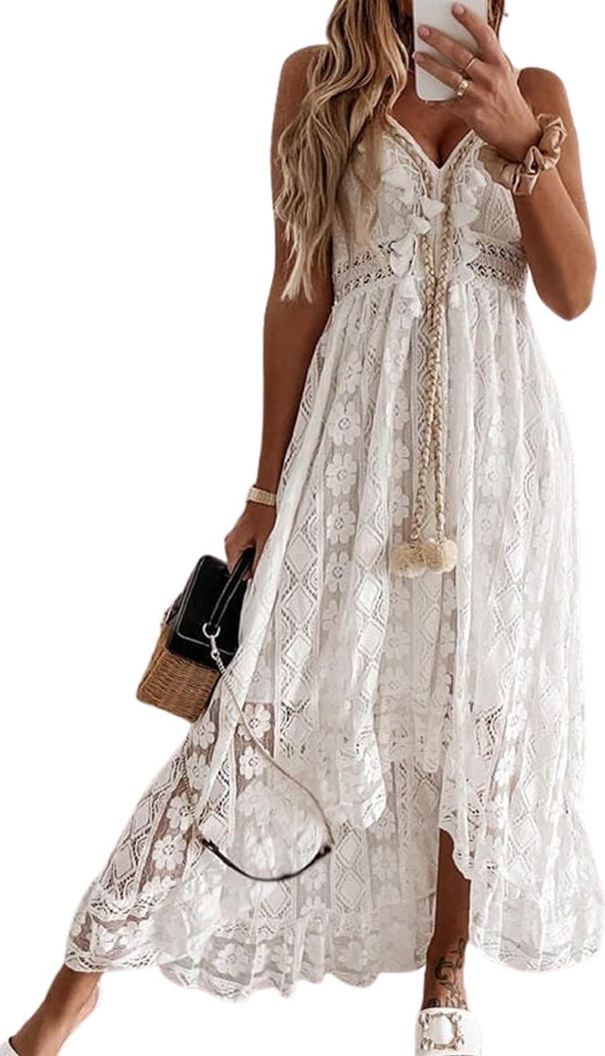 CUPSHE Women’s Maxi Dress Lace Dresses Boho Tassel V-Neck Flare Ruffle Adjustable Straps Beach Summer Long Dress