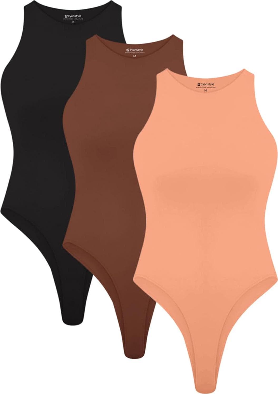 Cyanstyle Womens 3 Piece Bodysuits Sexy Sleeveless Racer Back High Neck Double Lined Bodysuit Tank Tops