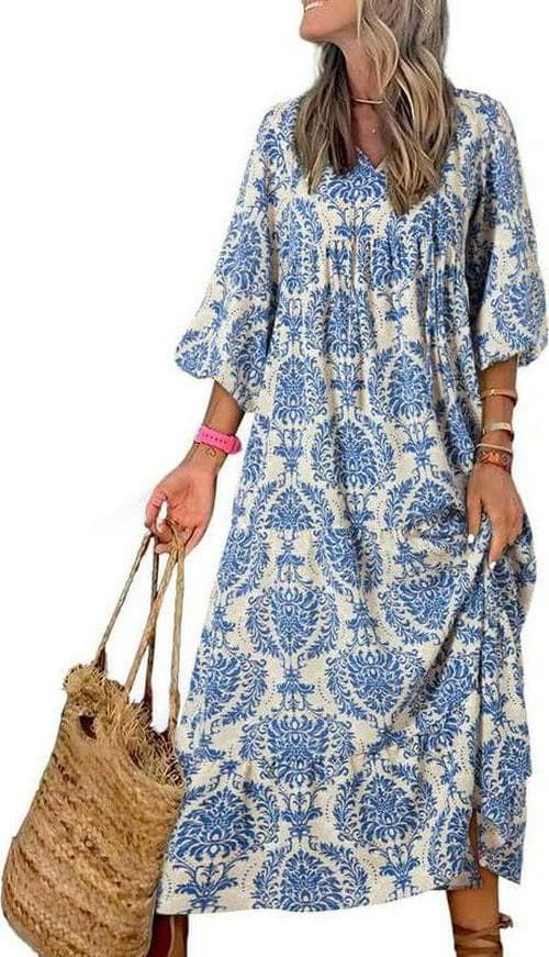 Dokotoo Women Boho Maxi Dresses 2024 V Neck Long Puff Sleeve Smocked Ruffle Flowy Casual Dress