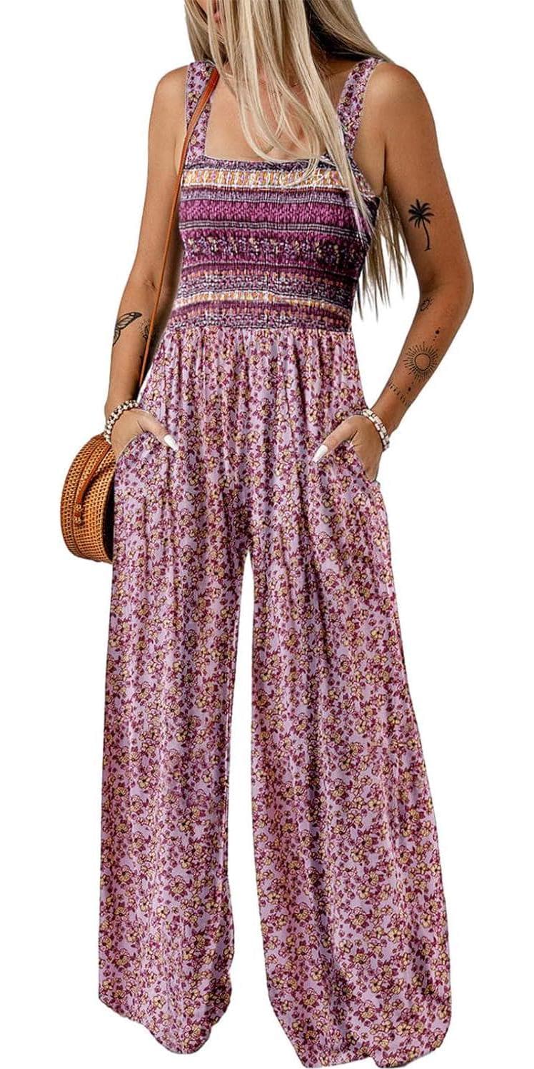 Dokotoo Women’s Casual Loose Overalls Jumpsuits One Piece Sleeveless Printed Wide Leg Long Pant Rompers With Pockets