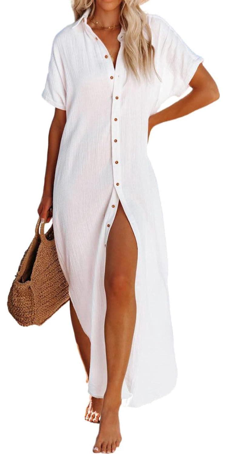 Dokotoo Womens Casual Short Sleeve Side Split Button Down Long Kimonos Cardigans Swimsuit Cover Ups Summer Beach Dress