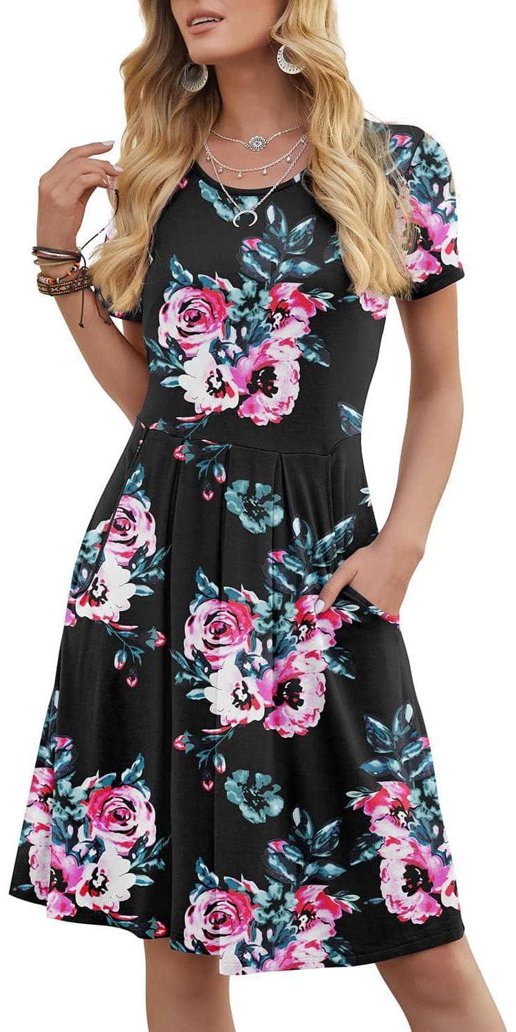 DouBCQ Women’s Casual Flowy Pleated Loose Dresses with Pockets