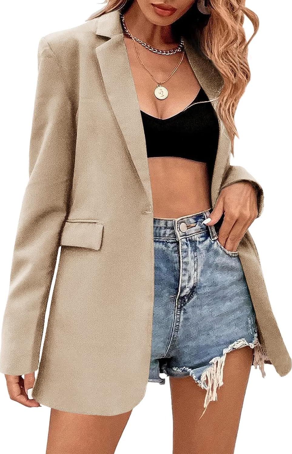 Febriajuce Women’s Casual Long Sleeve Lapel Oversized Button Work Office Blazer Suit Jacket