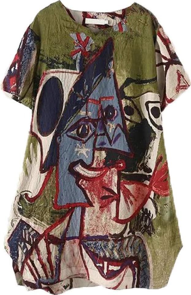 FTCayanz Women’s Casual Midi Dresses Short Sleeve Loose Print T Shirt Dress with Pockets