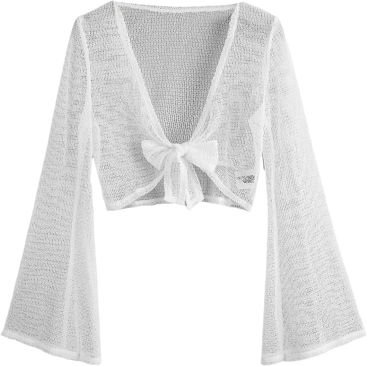 GORGLITTER Women’s Crochet Knit Tie Front Tops Bell Long Sleeve Lightweight Crop Cardigan