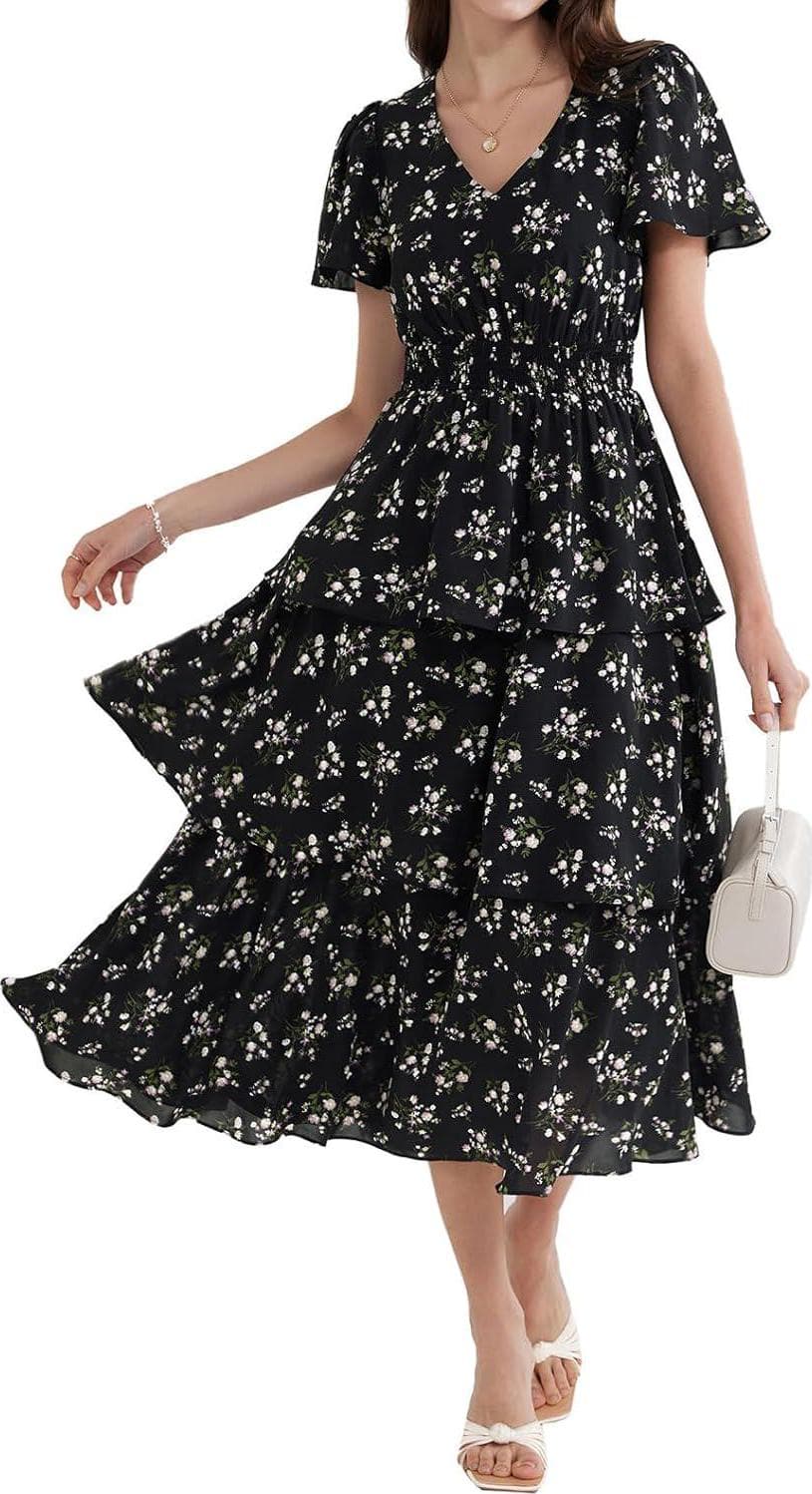 GRACE KARIN Women’s 2024 Summer Floral Midi Dresses Casual Flutter Short Sleeve Tiered Flowy A Line Cocktail Dress
