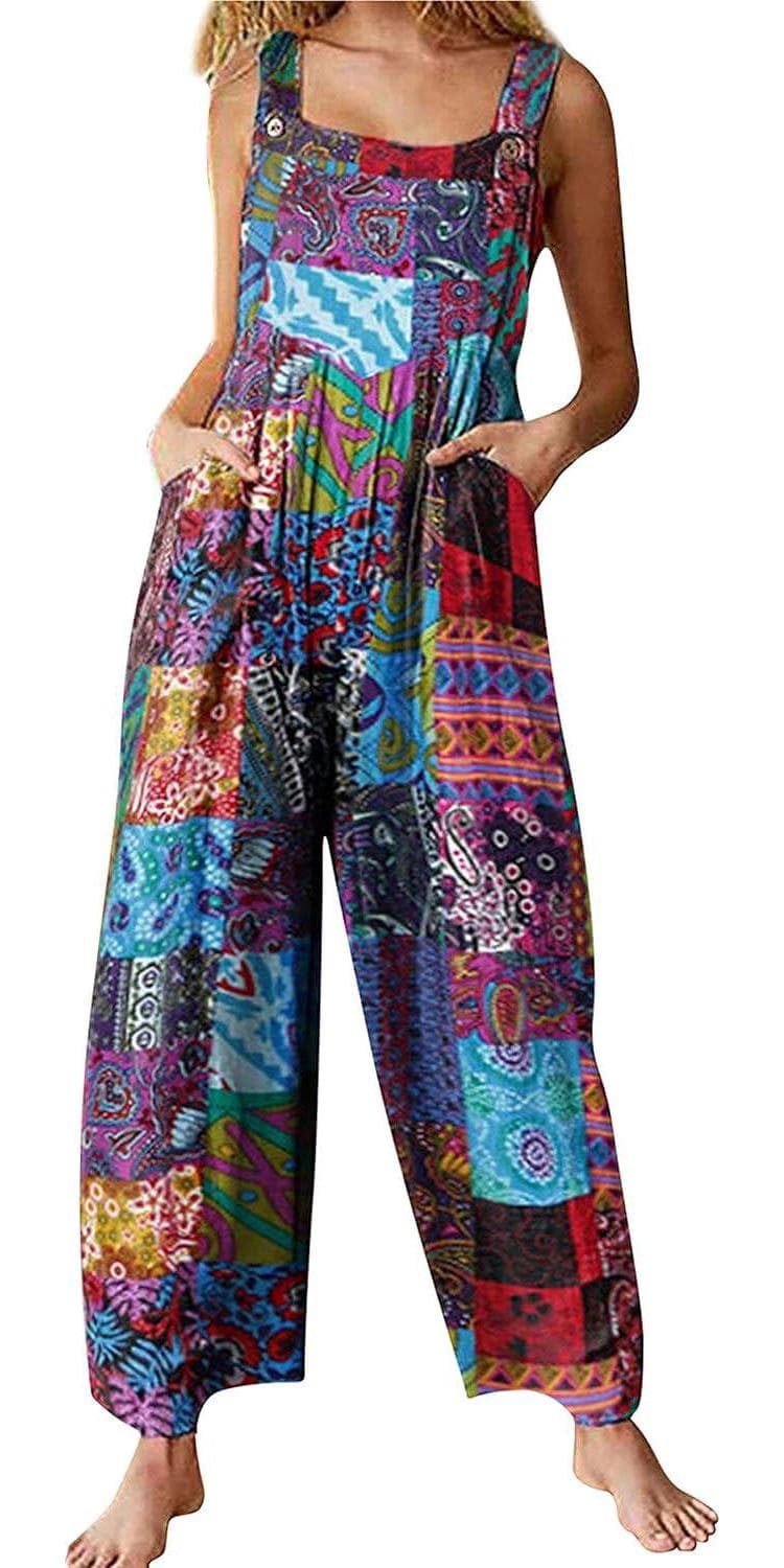 Himosyber Women’s Patchwork Dual Pocket Jumpsuit Loose Floral Print Bohemian Wide Leg Bib Overall