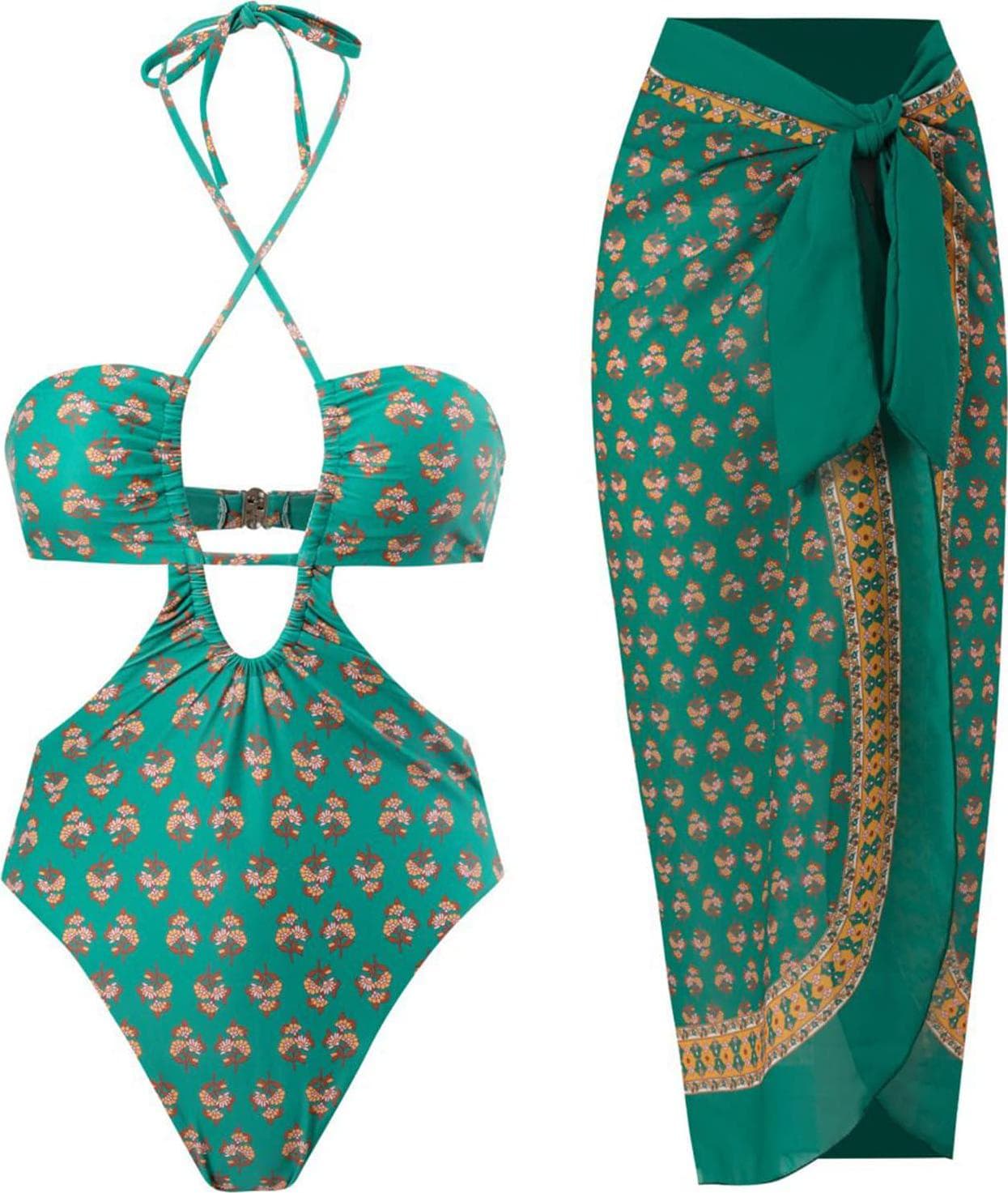 IDOPIP Women’s One Piece Swimsuit with Beach Cover up Wrap Skirt Sarong Retro Floral Print Bikini Set Two Piece Bathing Suit