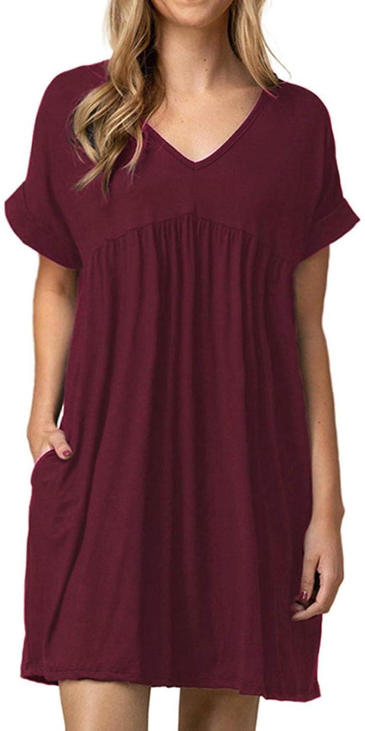 Jayscreate Women’s Baby Doll Dress Summer Casual Tunic Pleated Flowy Swing Short Sleeve Black V Neck Mini Dress