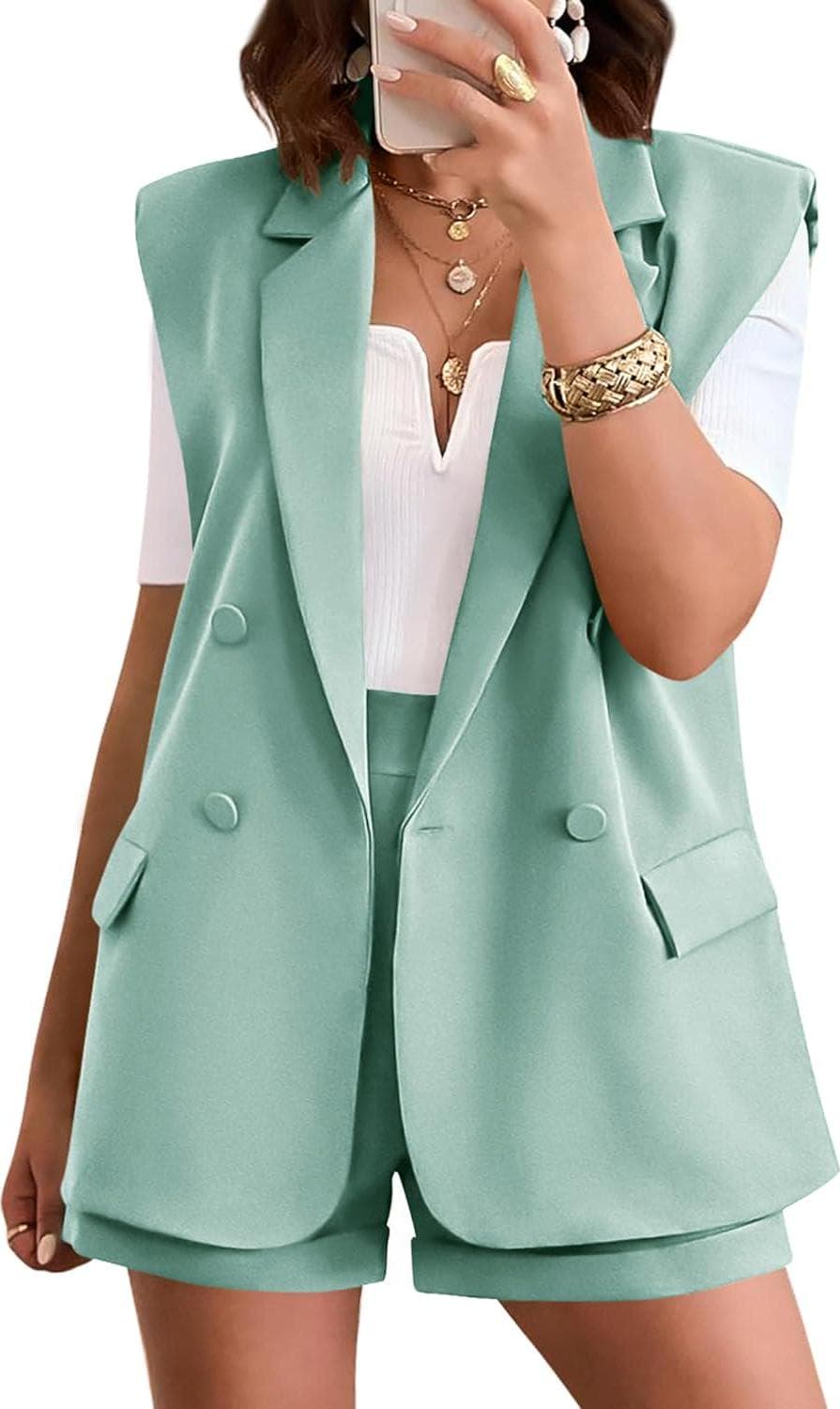 KIRUNDO Womens Fashion Two Piece Outfits 2024 Summer Business Casual Sleeveless Blazer Vest Shorts Set with Pockets