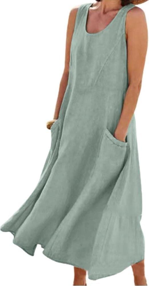 Linen Dress for Women Summer Sleeveless Solid Casual Baggy Flowy Maxi Dresses with Pockets