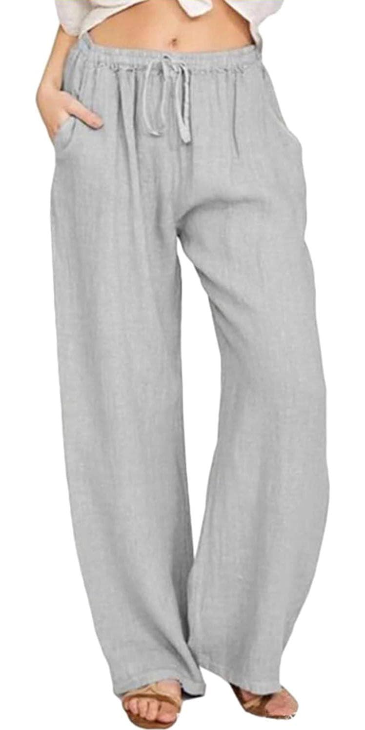 loveimgs Women’s Casual Wide Leg Elastic Waist Loose Lightweight Summer Linen Beach Pants Drawstring