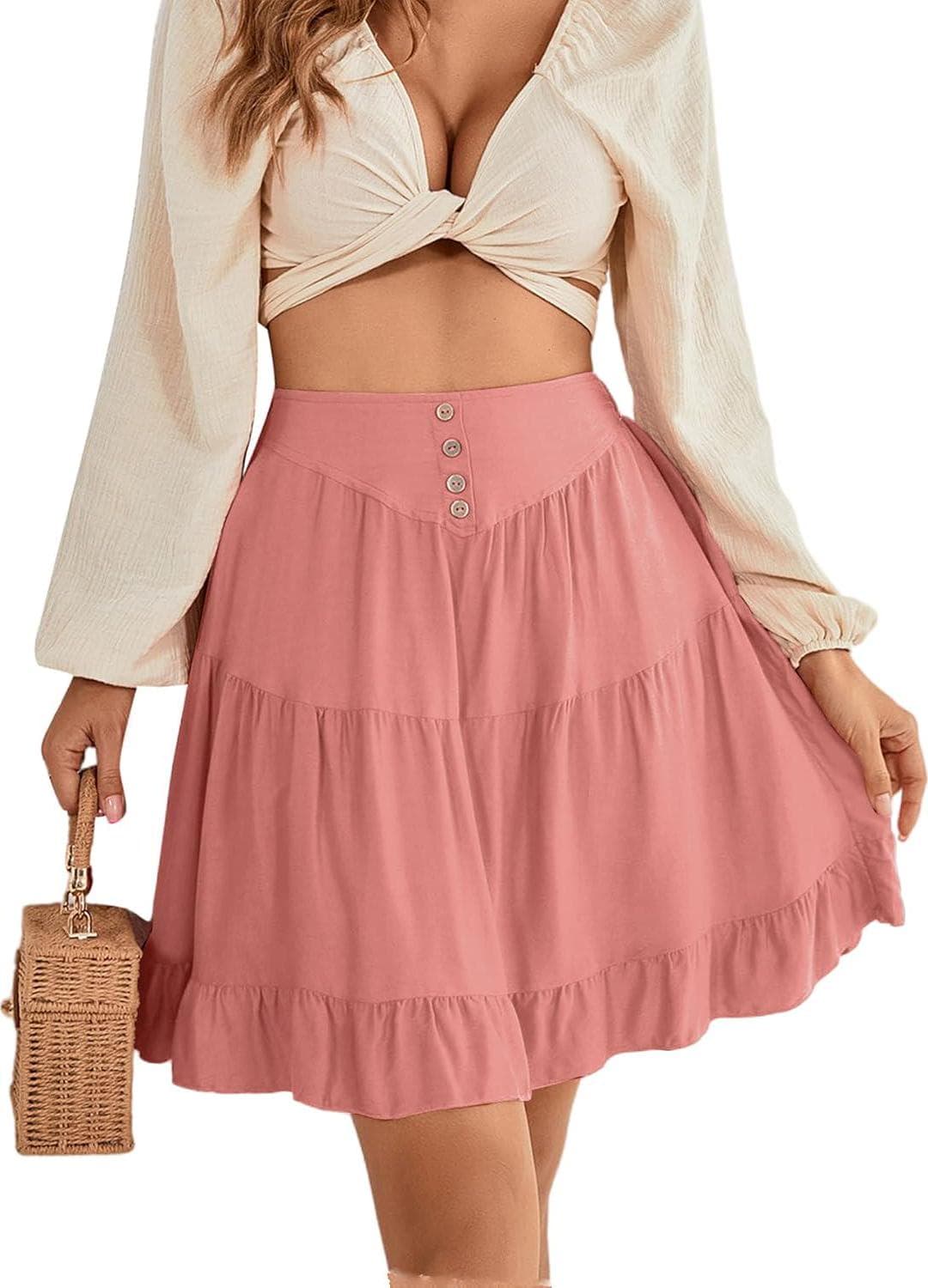 LYANER Women’s Casual High Waist A Line Ruffle Hem Swing Skater Short Mini Skirt