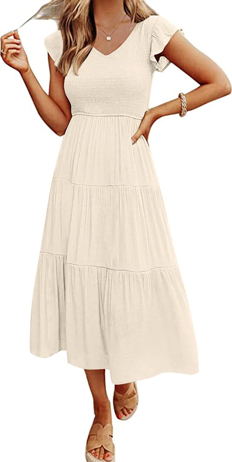 MEROKEETY Women’s Flutter Sleeve Smocked Midi Dress V Neck Casual Tiered Dresses with Pockets