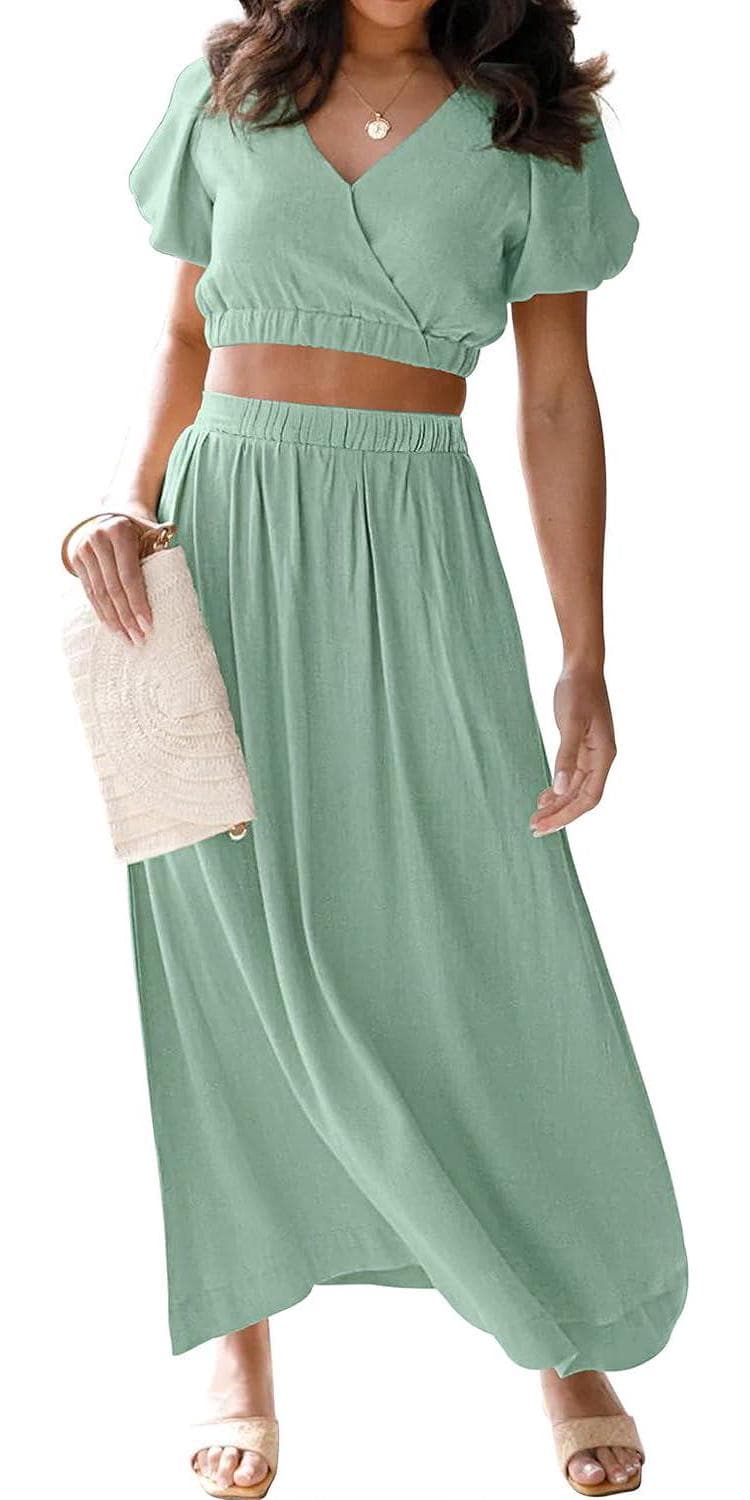 MEROKEETY Women’s Summer Two Piece Outfits V Neck Puff Sleeve Crop Top and Flowy Maxi Skirt Set