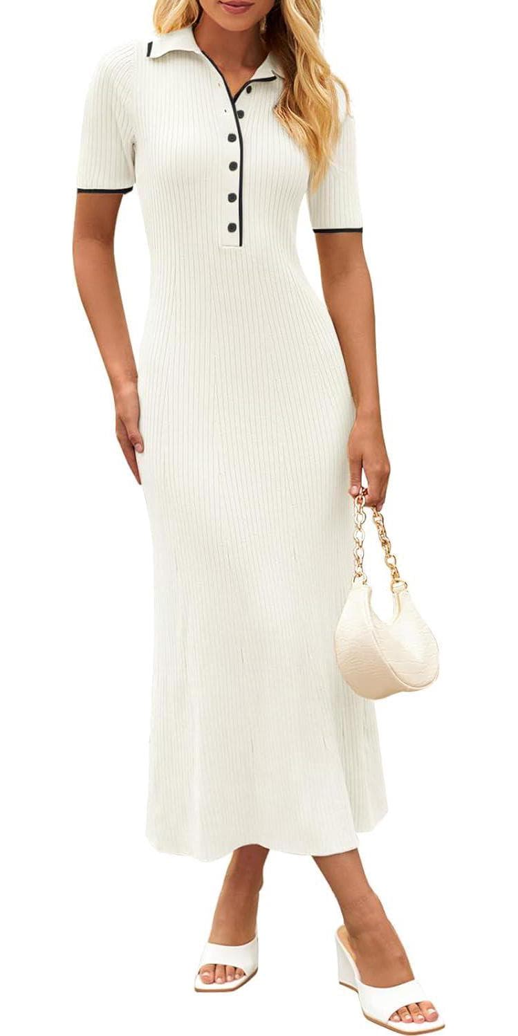 MEROKEETY Women’s V Neck Ribbed Knit Maxi Dress Button Short Sleeve Slim Fit Bodycon Sweater Dress
