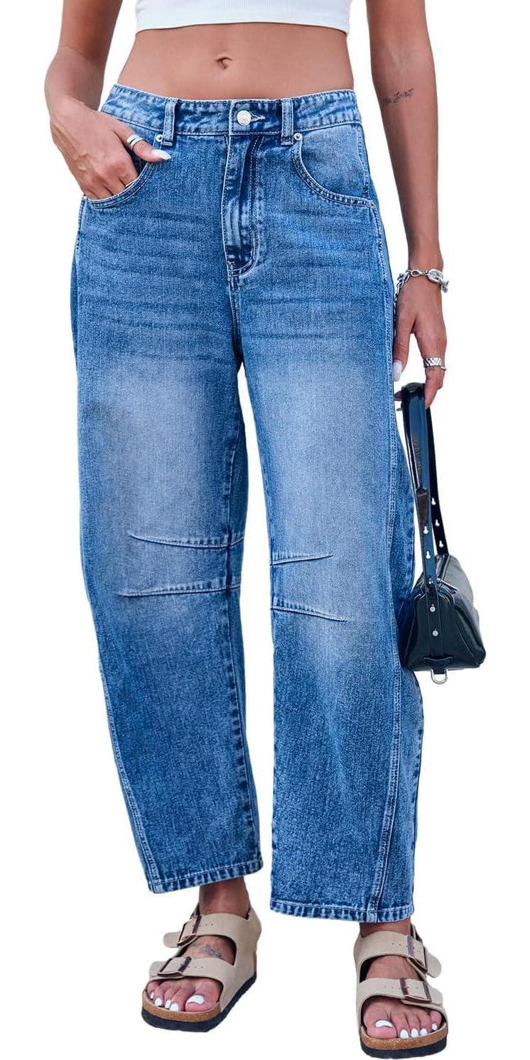 Mid Rise Barrel Jeans for Women Wide Leg Mid Waist Cropped Denim Pants Y2k Baggy Boyfriend Jeans with Pockets