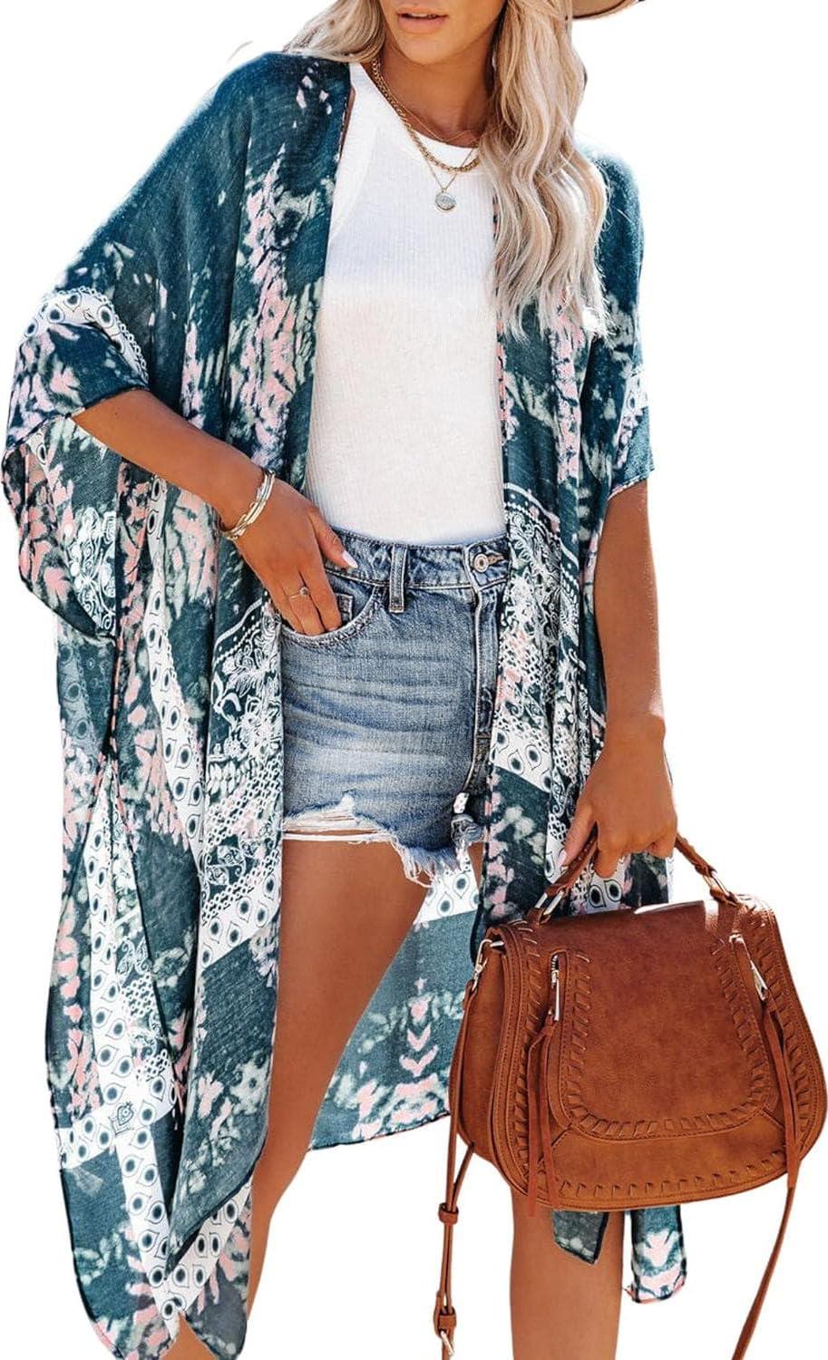 Moss Rose Women’s Beach Cover up Swimsuit Kimono with Bohemian Floral Print, Loose Casual Resort Wear
