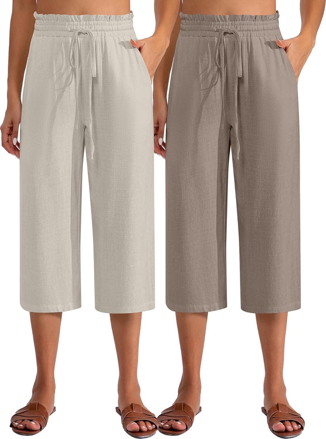Neer 2 Pcs Women’s Linen Wide Leg Capri Pants Beach High Waisted Drawstring Casual Loose Capris Pants with Pockets