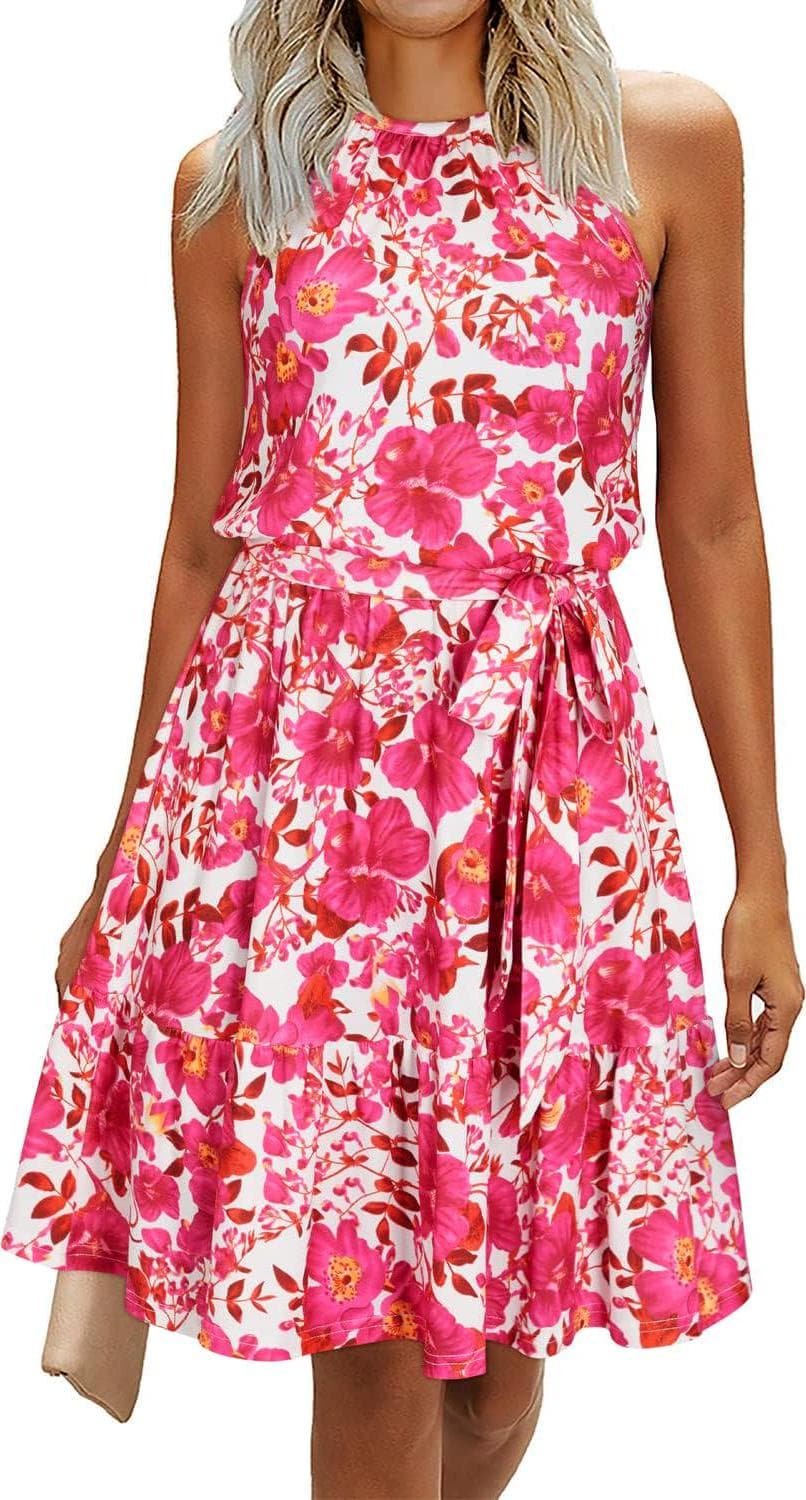 Newshows Women’s 2024 Summer Dress Halter Casual Beach Vacation Outfits Hawaiian Dresses Ruffle Belted Sundress with Pockets