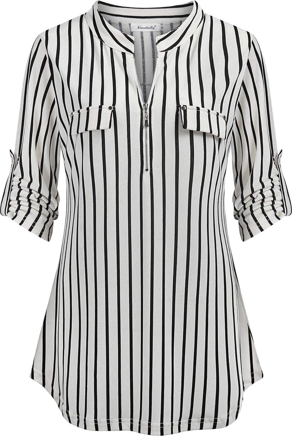 Ninedaily Women’s 3/4 Sleeve Plaid Shirts Zip Floral Casual Tunic Blouse Tops