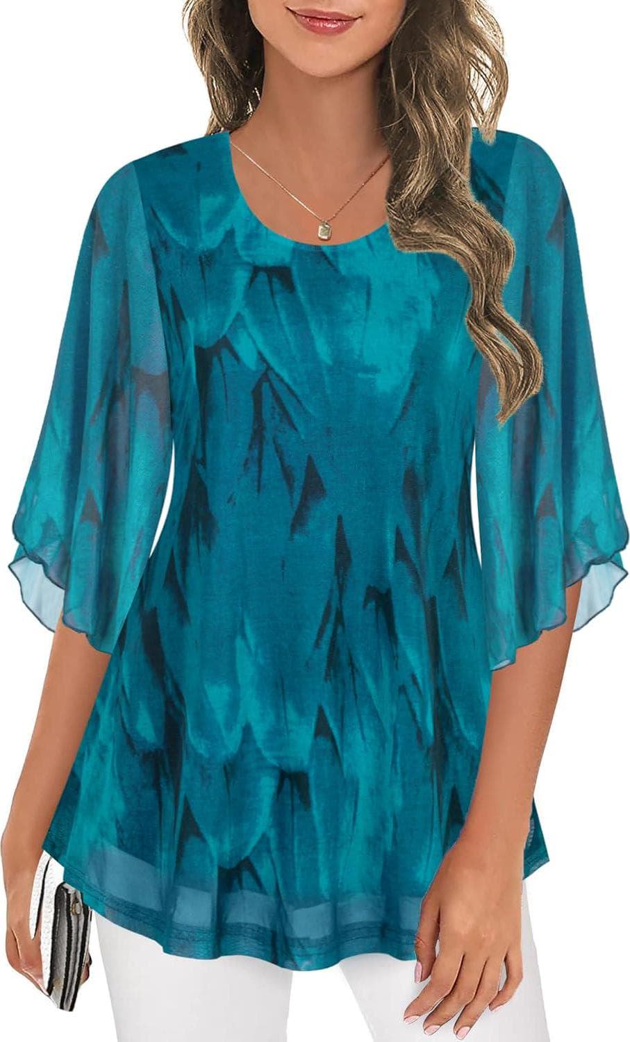 Ninedaily Women’s Tops 3/4 Sleeve Blouses Dressy Casual Double Layers Mesh Tunic Shirts