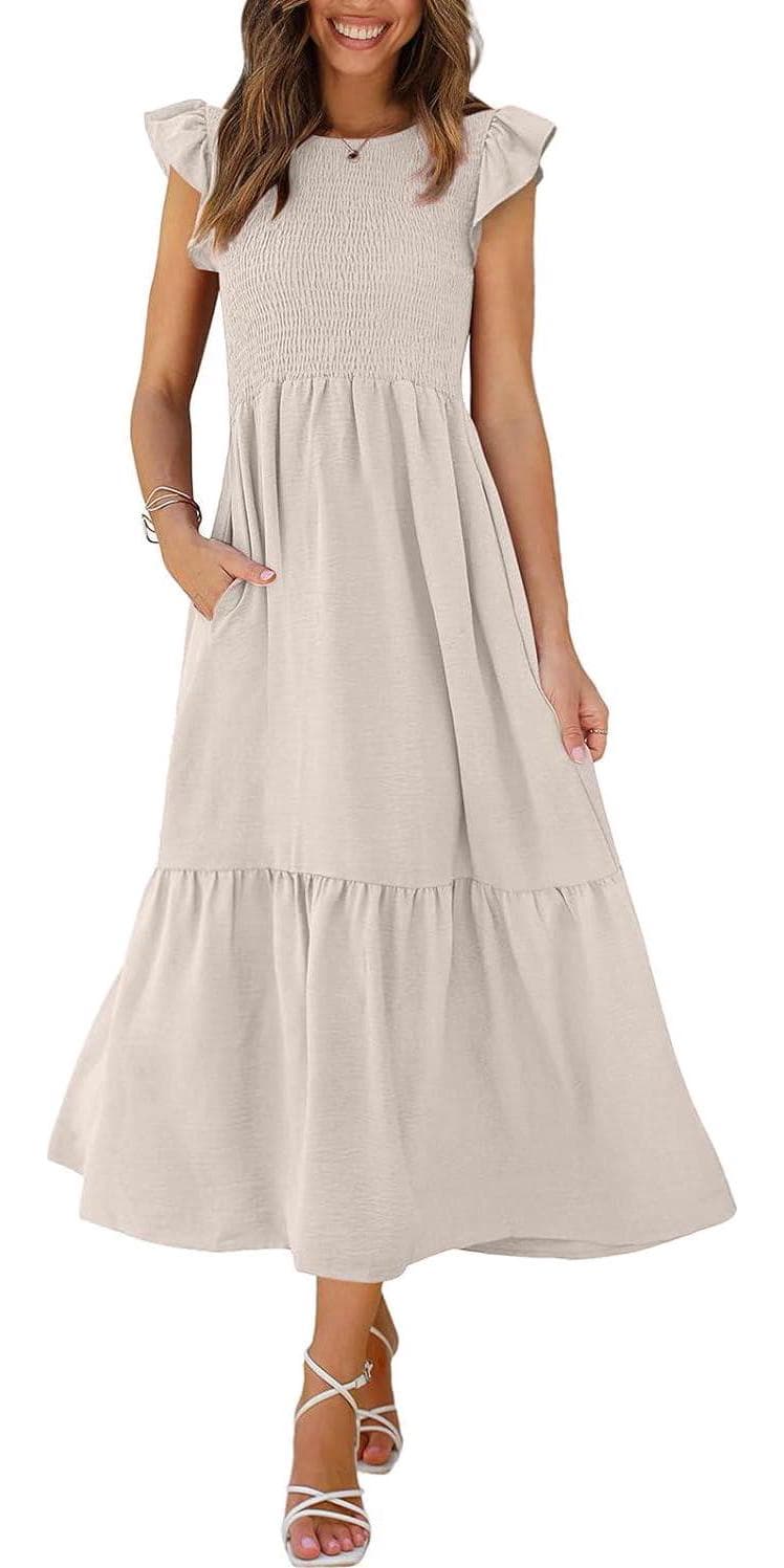 OFEEFAN Women’s Casual Maxi Dresses with Pockets Ruffle Sleeve Smocked Dress XS-2XL