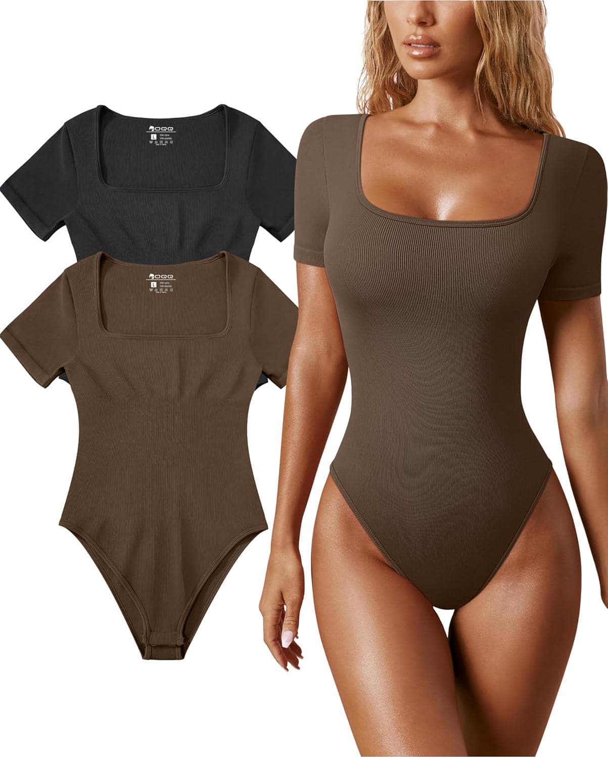 OQQ Women’s 2 Piece Bodysuits Sexy Ribbed One Piece Square Neck Short Sleeve Bodysuits