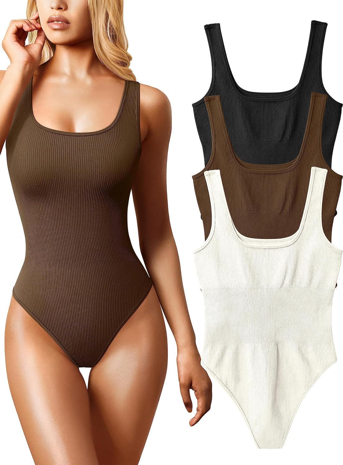 OQQ Women’s 3 Piece Bodysuits Sexy Ribbed Sleeveless Square Neck Sleeveless Tank Tops Bodysuits