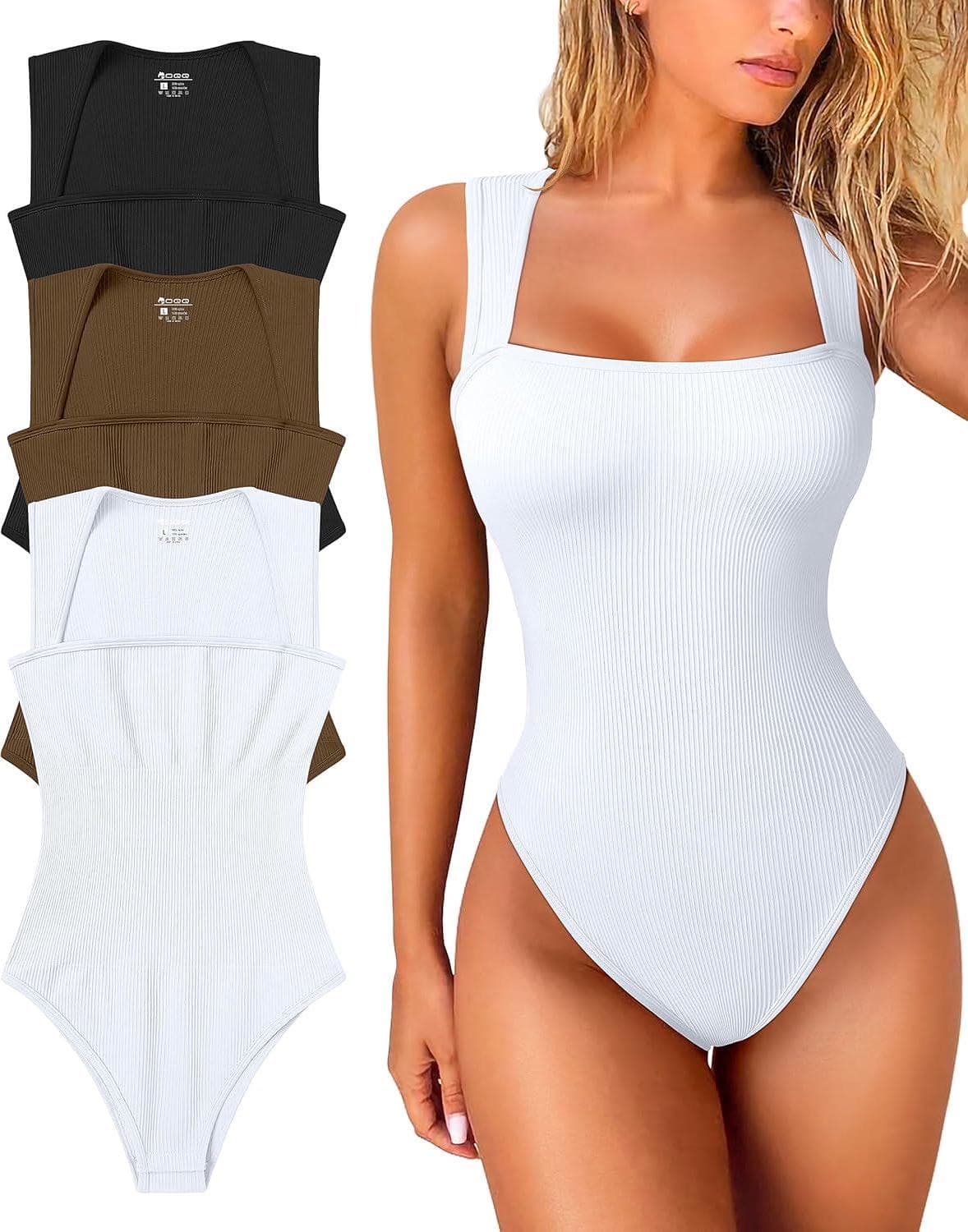 OQQ Women’s 3 Piece Bodysuits Sexy Ribbed Strappy Square Neck Sleeveless Tummy Control Tank Tops Bodysuits