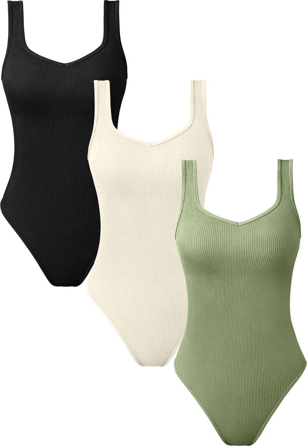 OQQ Women’s 3 Piece Bodysuits Sexy V Neck Sleeveless Stretch Tank Tops Bodysuits