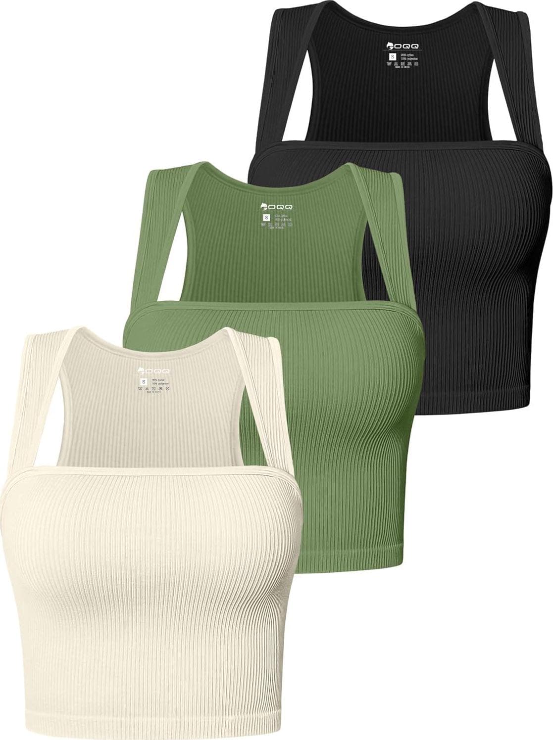 OQQ Women’s 3 Piece Tank Tops Strappy Sleeveless Square Neck Stretch Tee Shirts Crop Camis
