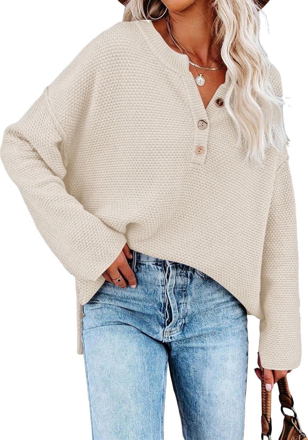 Pink Queen Women’s V Neck Button Sweater Oversized Batwing Long Sleeve Henley Pullover Knit Jumper Top