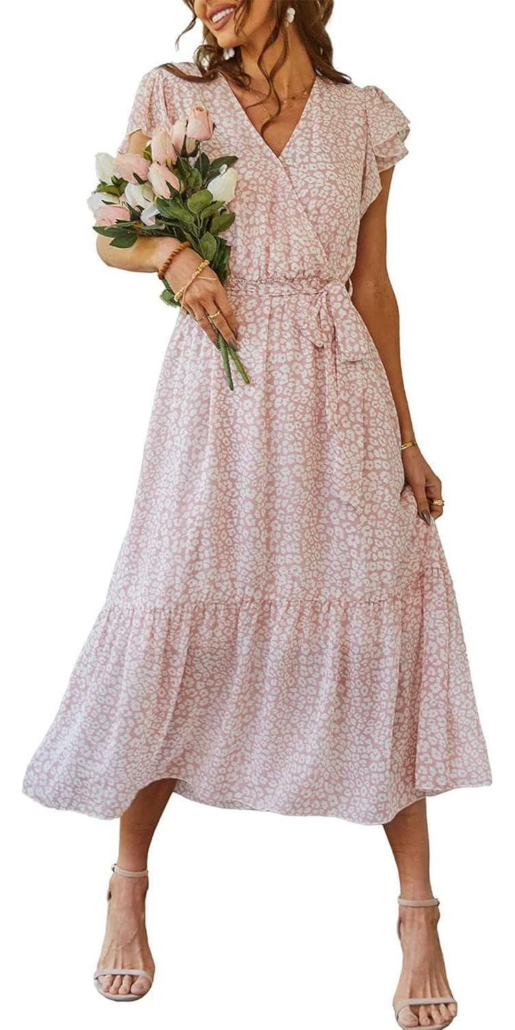 PRETTYGARDEN Women’s 2024 Floral Boho Dress Wrap V Neck Short Sleeve Belted Ruffle Hem A-Line Flowy Maxi Dresses